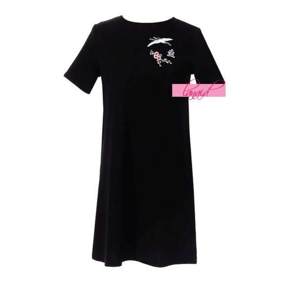 Mango Asian Chinese Oriental Japanese Black Crane Cherry Blossom Shift Dress XS - Picture 5 of 9